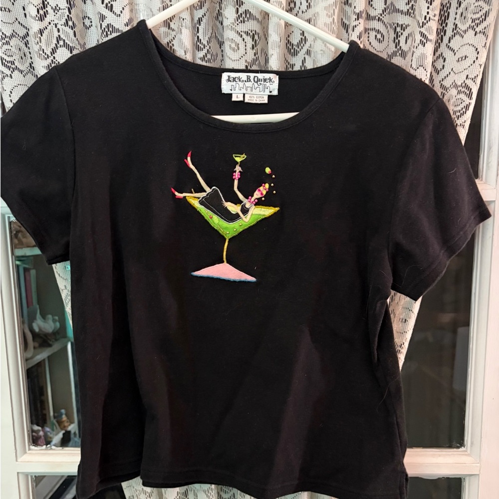 Jack B Quick Black Graphic Bling Martini Glass Women's Top Size L